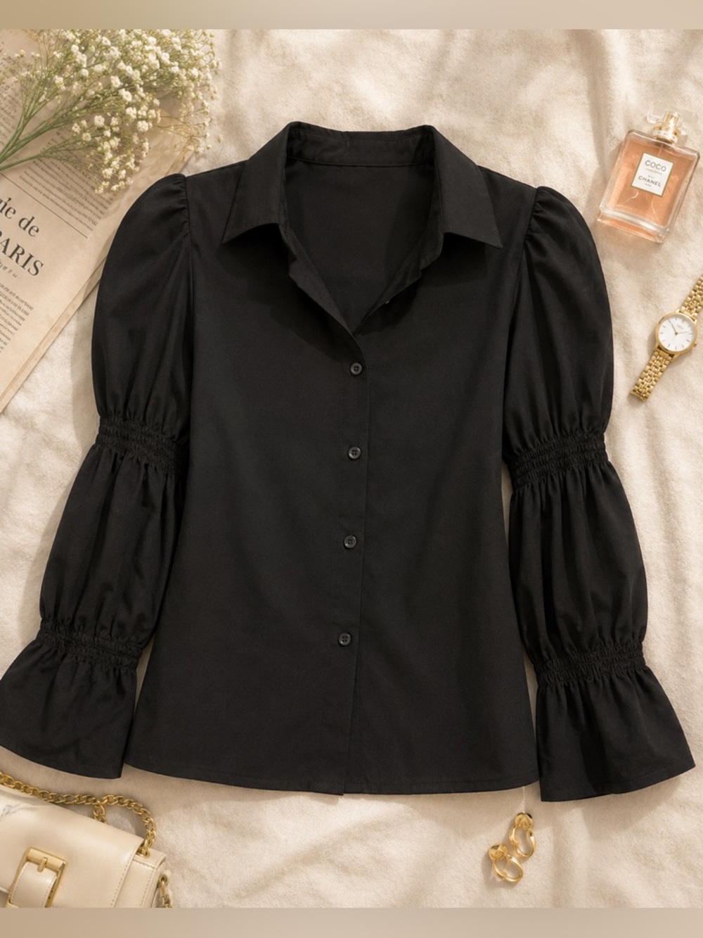Patrizia Luca Milano NWT XL Black Puff Sleeve Button Front Blouse